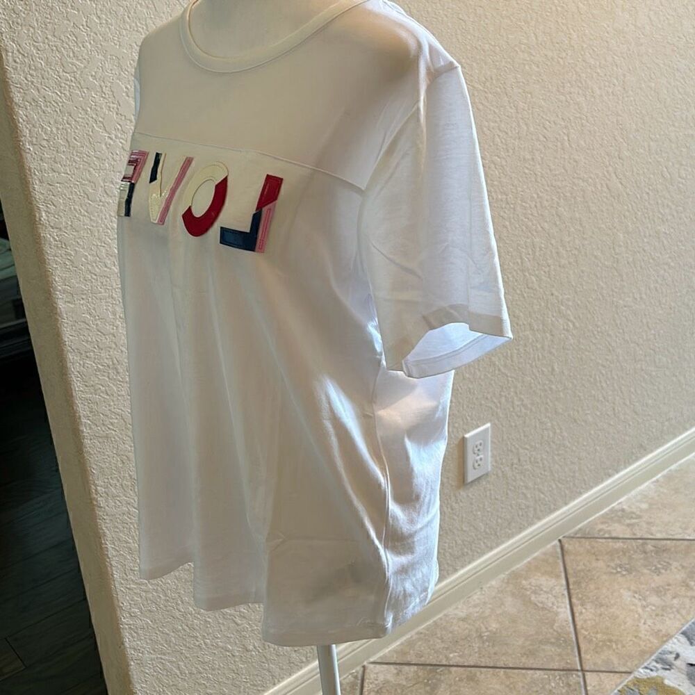 Desigual Women's L Sheer Mesh Love Tee Shirt Faux Leather Graphic Lettering New - Picture 8 of 9